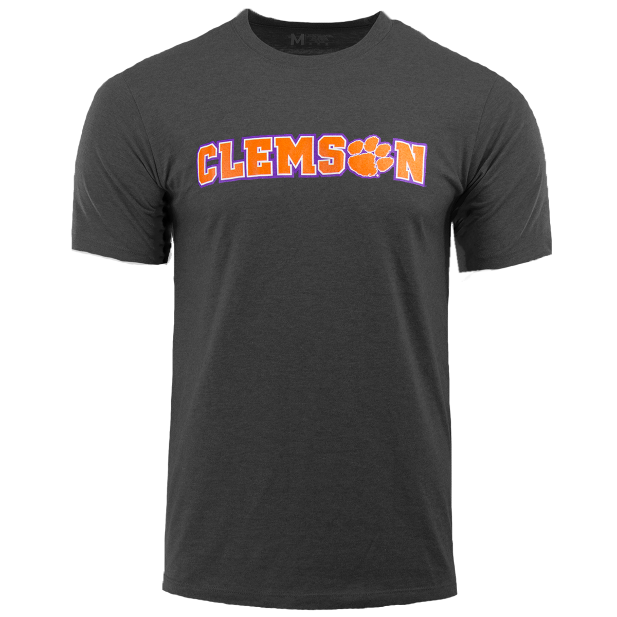 Clemson SS Tee with Purple, Orange, White Clemson Logo - Charcoal Heather