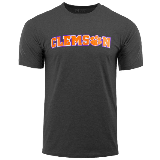 Clemson SS Tee with Purple, Orange, White Clemson Logo - Charcoal Heather