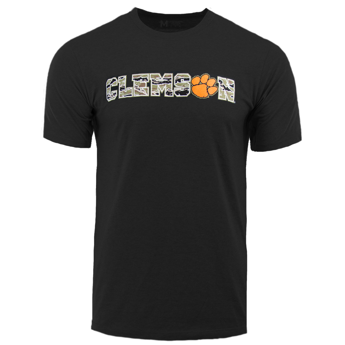 Clemson SS Tee with Camo and Orange Clemson Logo - Jet Black