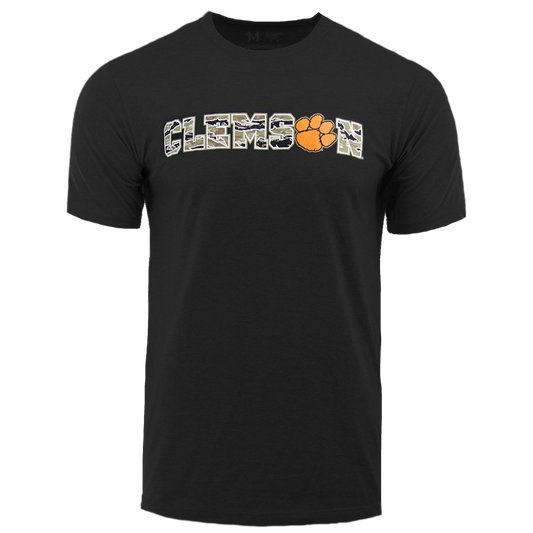 Clemson SS Tee with Camo and Orange Clemson Logo - Jet Black