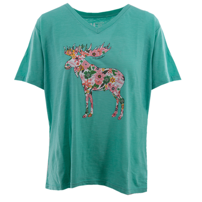 Ladies Floral Moose V-neck - Cascade