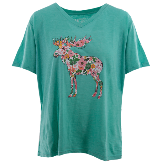 Ladies Floral Moose V-neck - Cascade