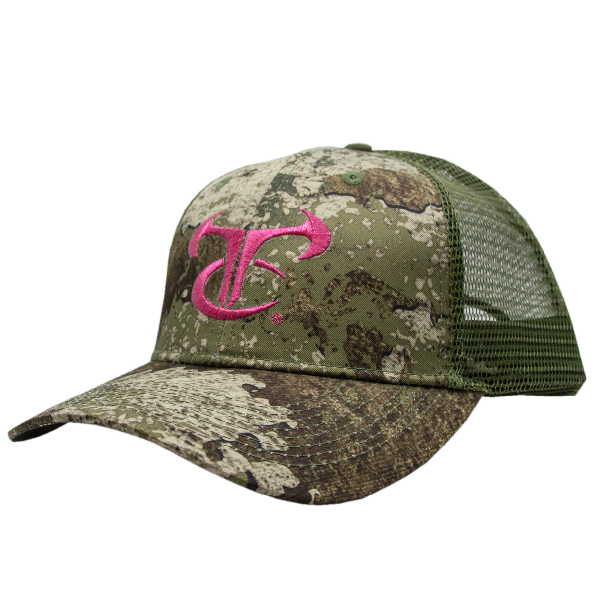 Ladies Strata/Olive Mesh Cap with Metallic Pink Logo