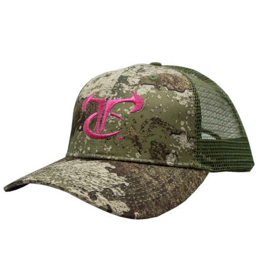 Ladies Strata/Olive Mesh Cap with Metallic Pink Logo