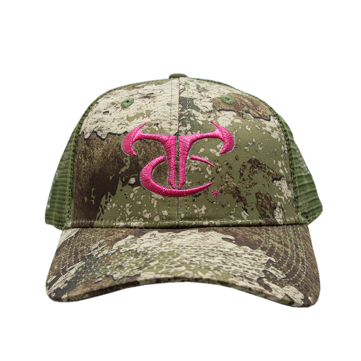 Ladies Strata/Olive Mesh Cap with Metallic Pink Logo