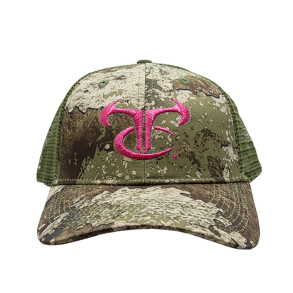 Ladies Strata/Olive Mesh Cap with Metallic Pink Logo